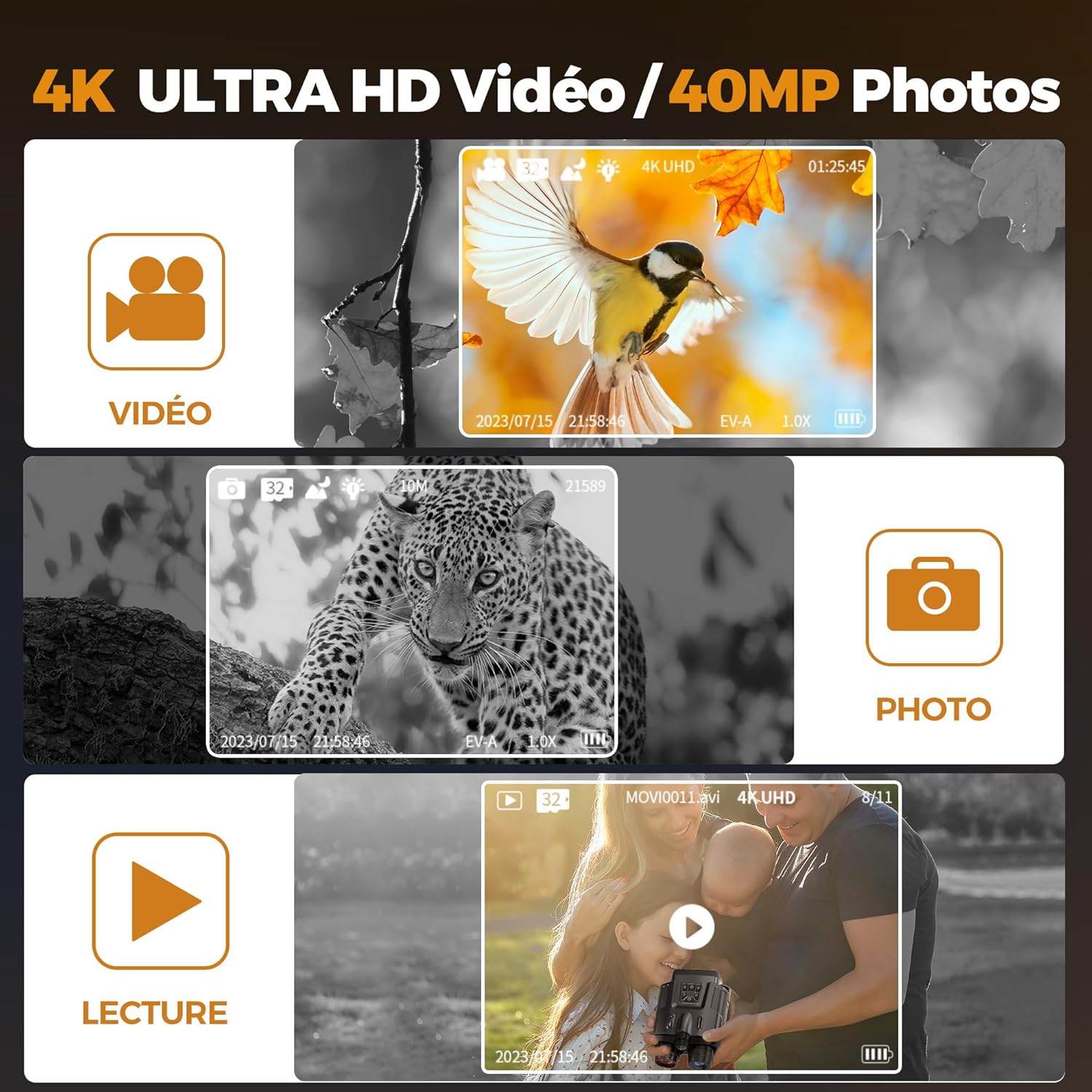 Jumelles de Vision Nocturne 4K, Zoom numérique 8X Chasse Observations