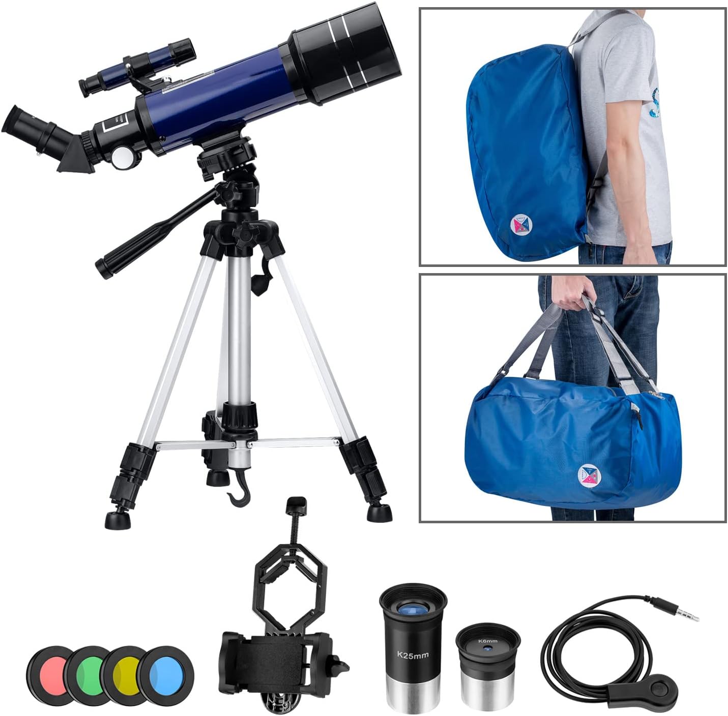 Telescope astronomique 70mm avec trepied, oculaires, filtres couleur et adaptateur smartphone