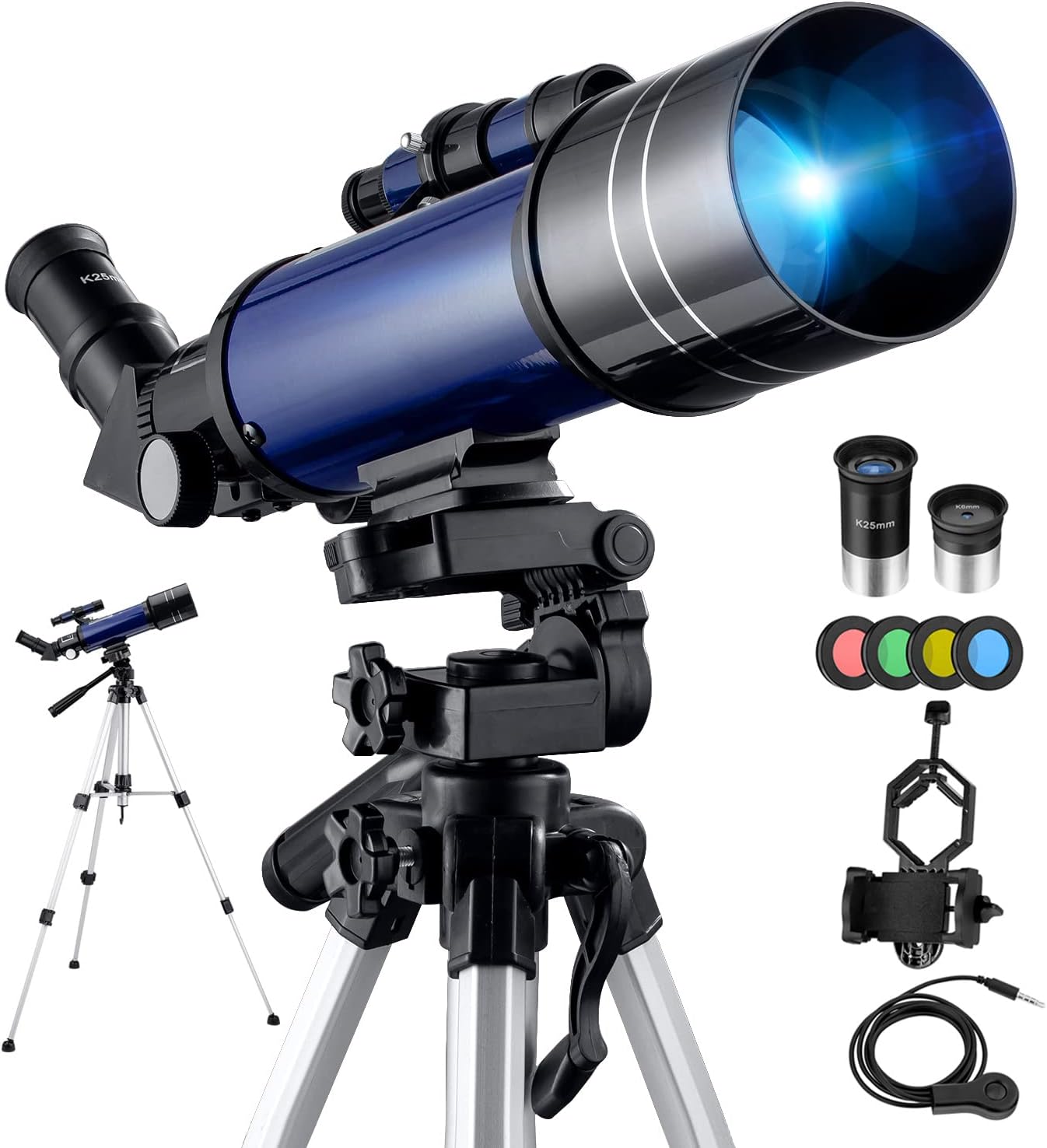 Telescope astronomique 70mm avec trepied, oculaires, filtres couleur et adaptateur smartphone