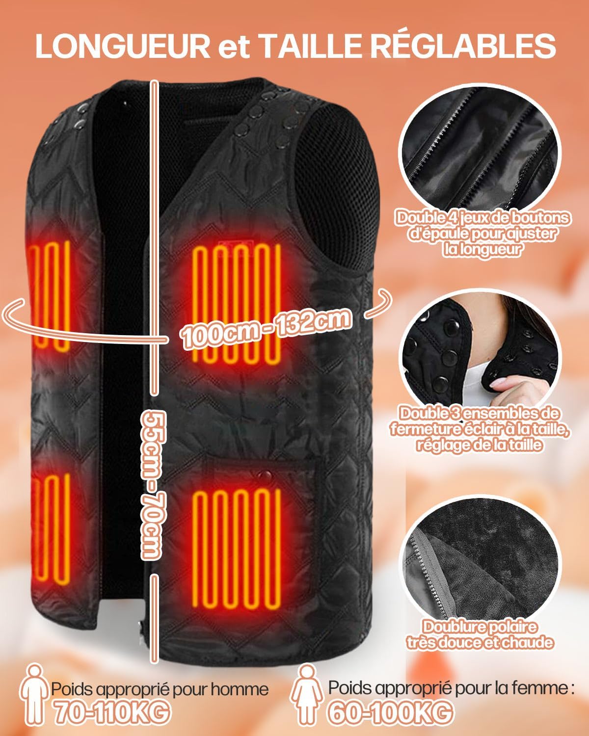 Gilet Chauffant Taille Ajustable Homme et Femme 