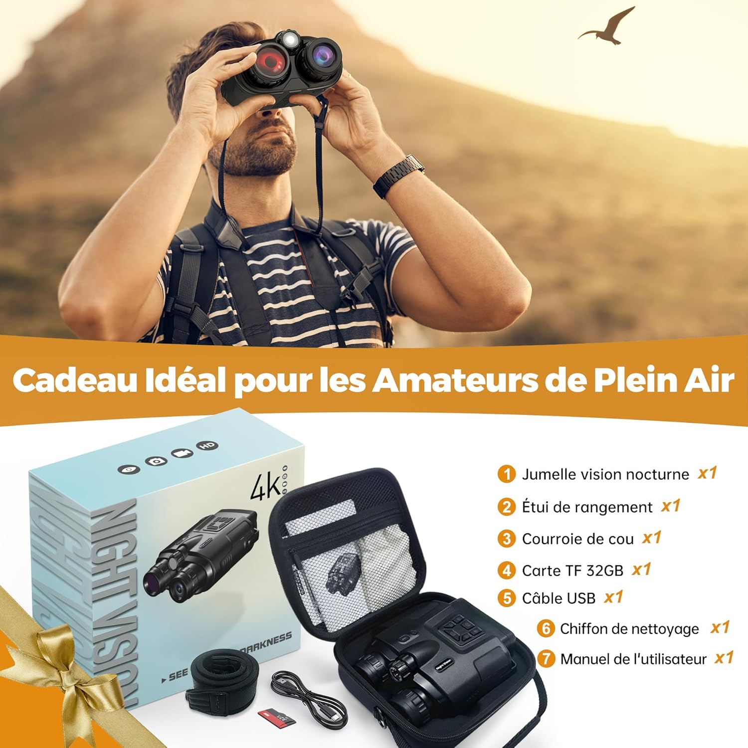 Jumelles vision nocturne 4K zoom 8x illuminateur IR reglable 3 niveaux portee 600m chasse