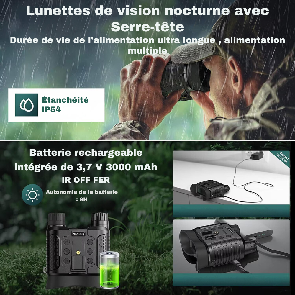 Jumelles à vision nocturne 8X 4K Serre-tête – Infrarouge, Chasse NV400
